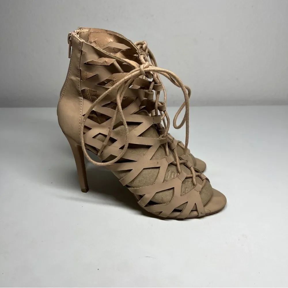 Charlotte Russe Lace Up Tan Size 8 Nude Peep Toe 4 Inch Pump Sandal Heels